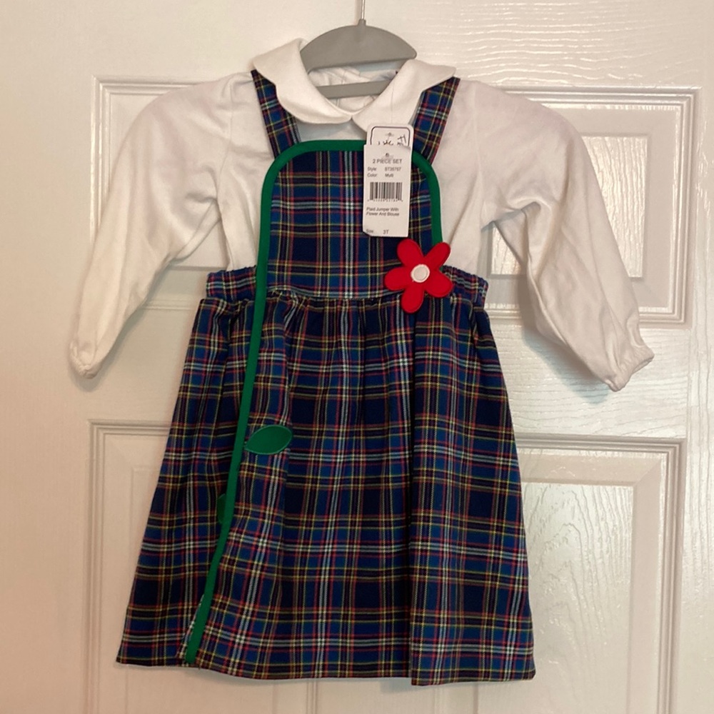 NWT Florence Eiseman Plaid Jumper with flower and blouse